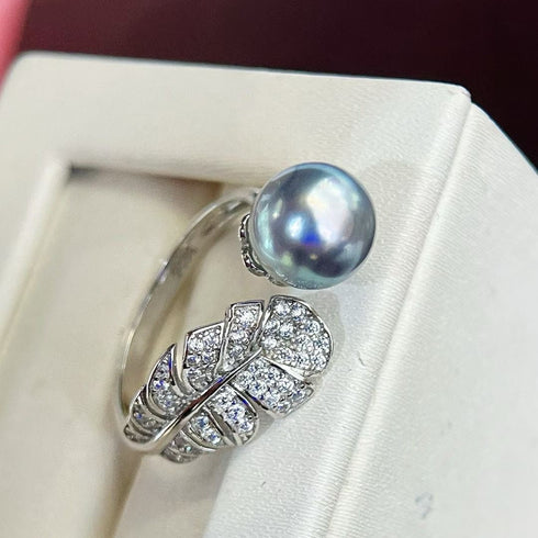 7-8mm Silver Blue Akoya Pearl Zirconia Feather Open Ring